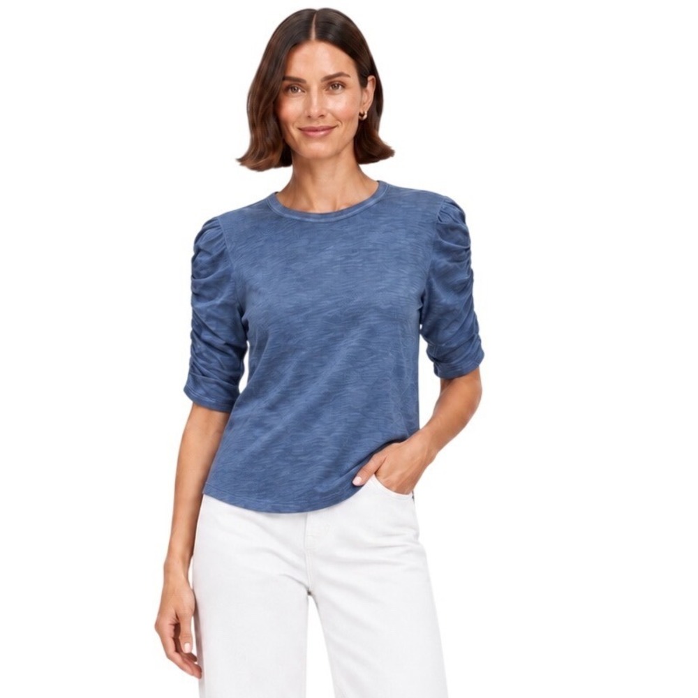 Veronica Beard Waldorf Tee Blue River Size XL Ruched Sleeve Cotton Top